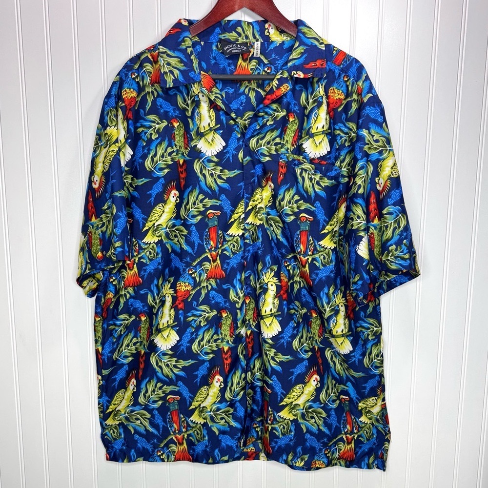 Pacific & Co Hawaiian Shirt Large Mens Button Up Tropical Parrots Buffet VTG